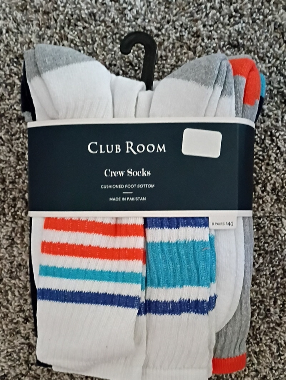 Club Room White Crew Socks with Red, Teal & Blue Stripes